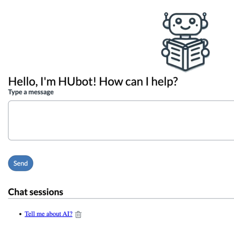 HUBot chat interface featuring a logo of a robot and a text entry box