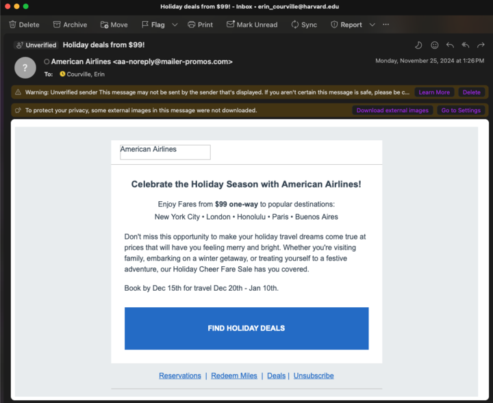 Screenshot of the simulated phishing email pretending to be from American Airlines