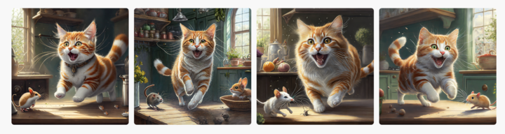 Series of AI-generated images of a cat chasing a mouse around a kitchen