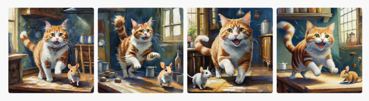 Series of AI-generated images of a cat chasing a mouse around a kitchen