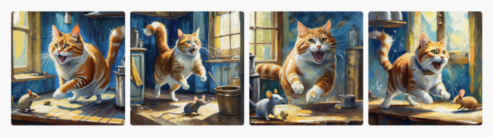 Series of AI-generated images of a cat chasing a mouse around a kitchen