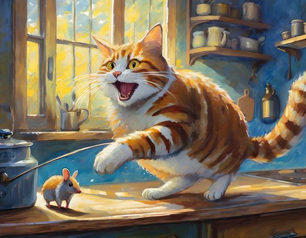 AI-generated image of a cat chasing a mouse around a kitchen in an impressionist style