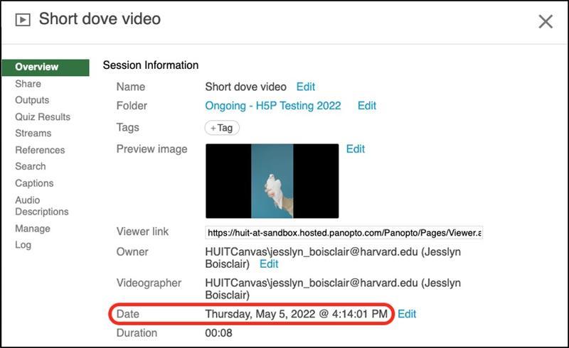 Screenshot of the Overview section of the video settings, where you can find Panopto’s Creation Date attribute (the date the video was recorded or uploaded to Panopto)