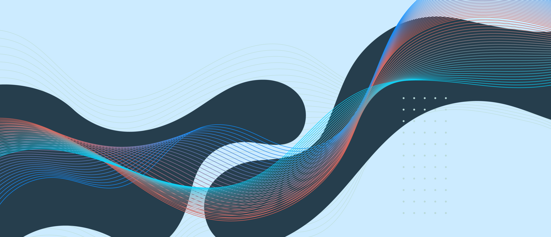 Abstract illustration with blue and orange lines and black blobs on a light blue background.