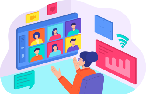 A person talks to a video screen with six other people on a video call.